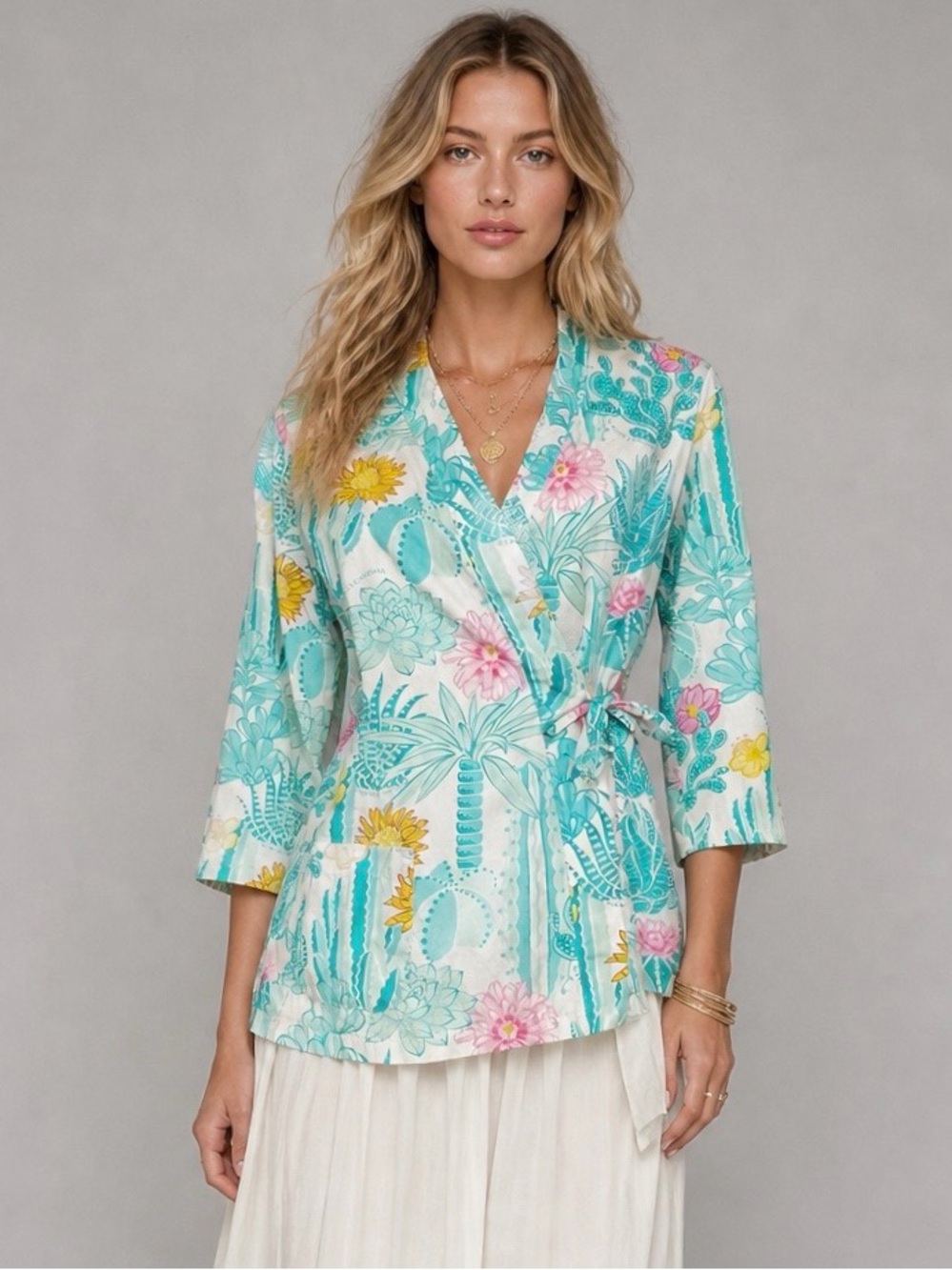 Manuel Canovas Wrap Top Blue Pink Floral 100% Cotton Beach Resort Blouse US S